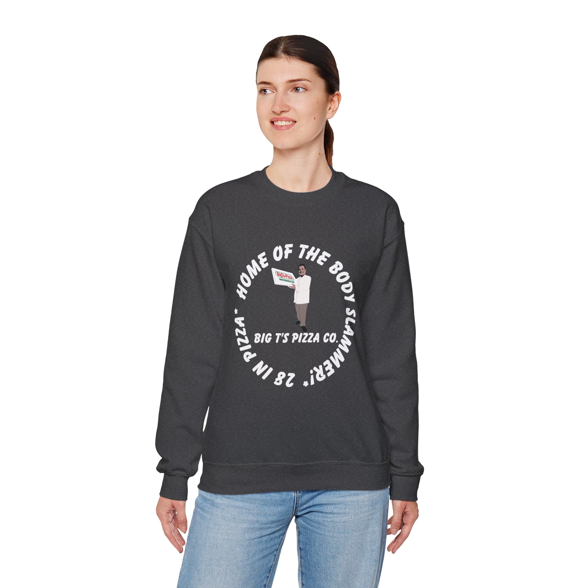 Pizza Crewneck Sweatshirt — "Home of the Body Slammer" Big T's Pizza Co.